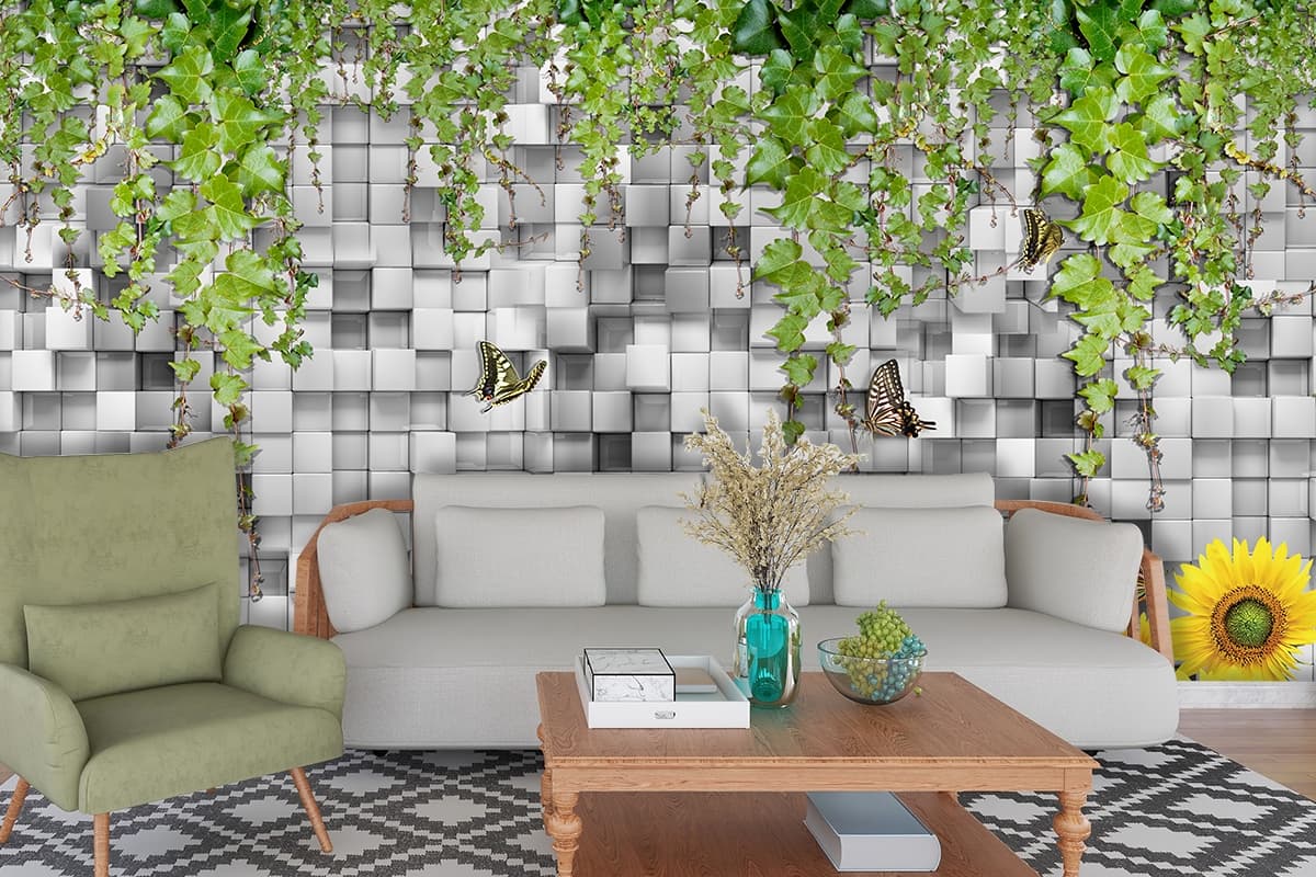Beautiful Flowers and Butterfly Pattern wallpaper shown in a room