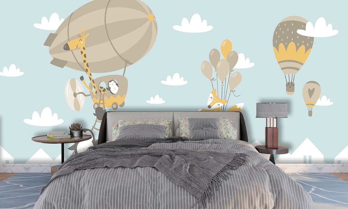 Whimsical Animal Balloon Wall Mural shown in a room