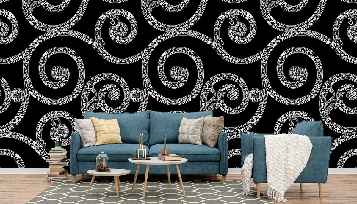 Bold Black and White Pattern Wallpaper shown in a room