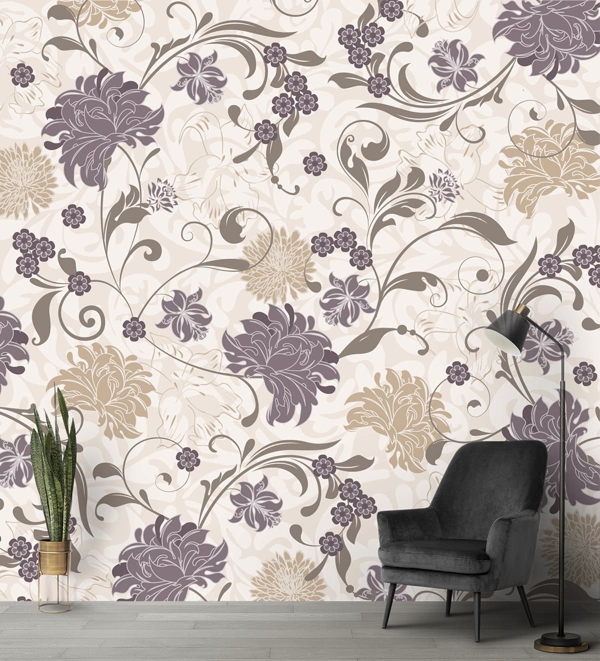 Vintage Botanical Flower Pattern Wall Mural shown in a room