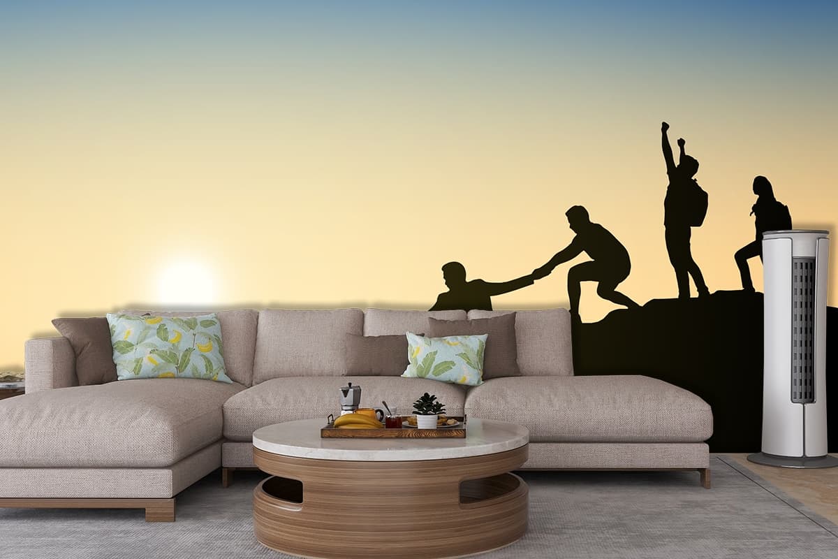 Mountain Climbing Silhouette Adventure Wallpaper shown in a room