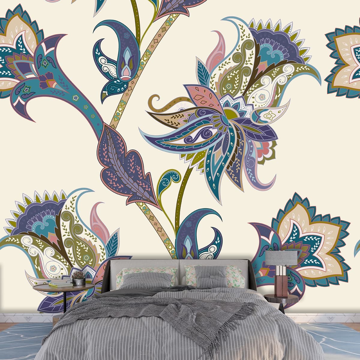 A colorful floral pattern on a white background shown in a room