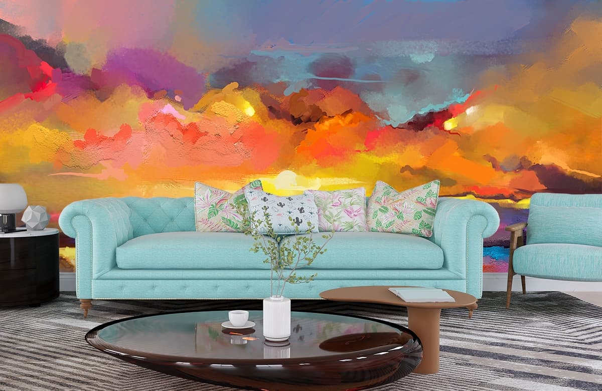 Abstract Colorful Sky and Water Scene wallpaper shown in a room