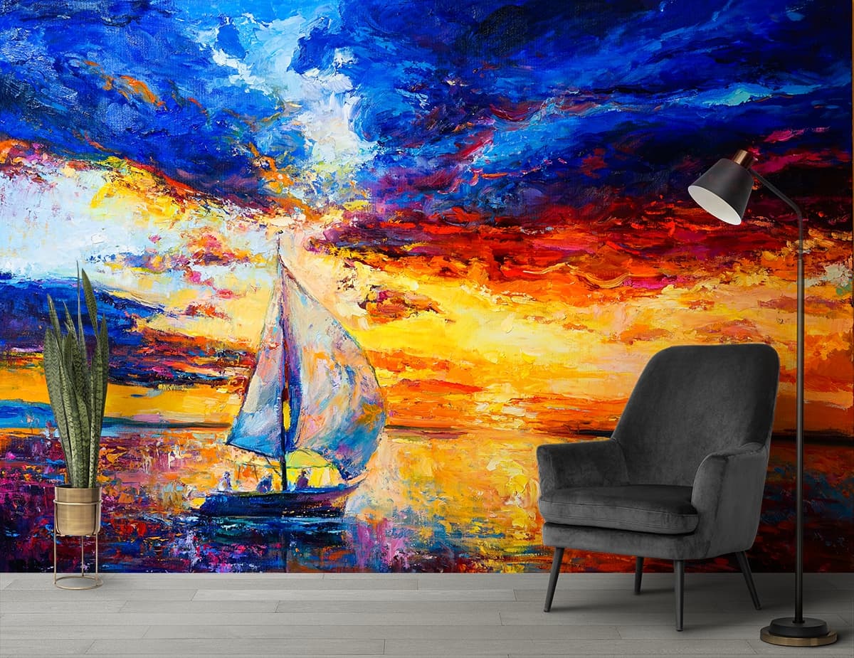 Boat Sailing on Water Artistic Painting wallpaper shown in a room