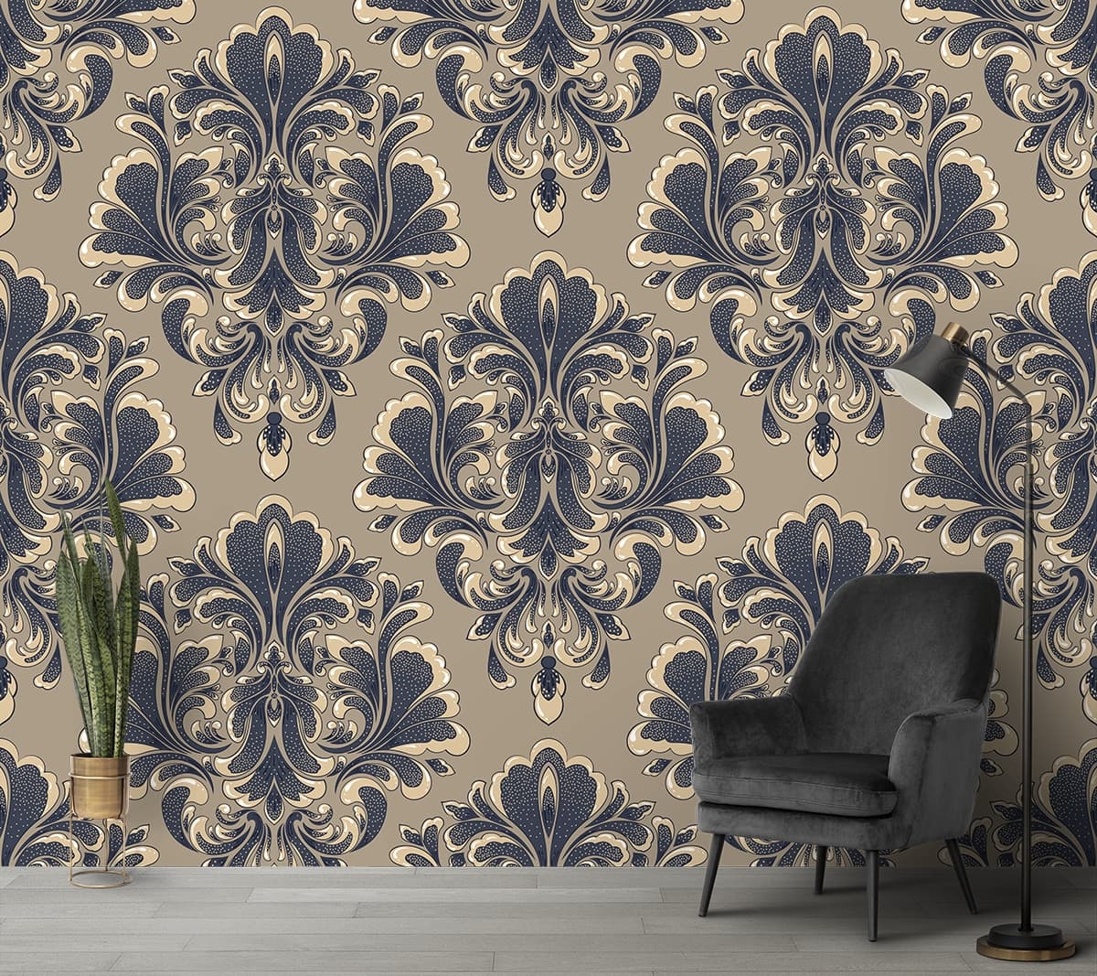 A pattern of blue and white floral designs shown in a room