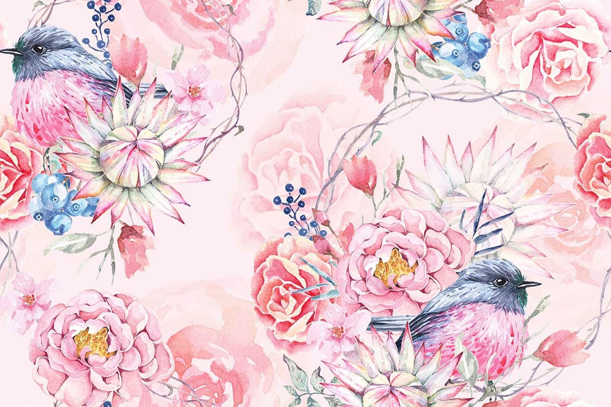 Watercolor Bird and Flowers Wallpaper pattern detail