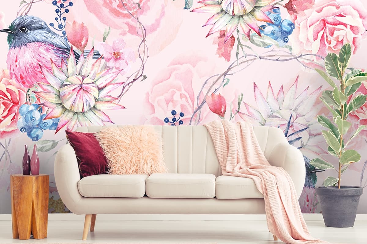 Watercolor Bird and Flowers Wallpaper shown in a room