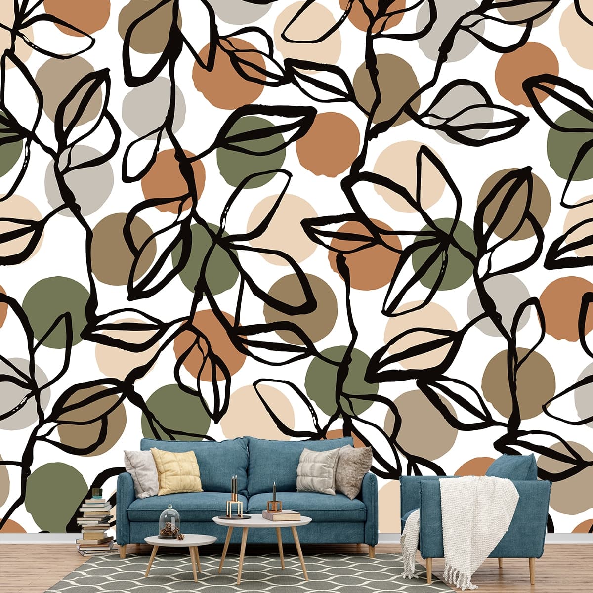 Attractive Leaves Design Wallpaper Mural shown in a room