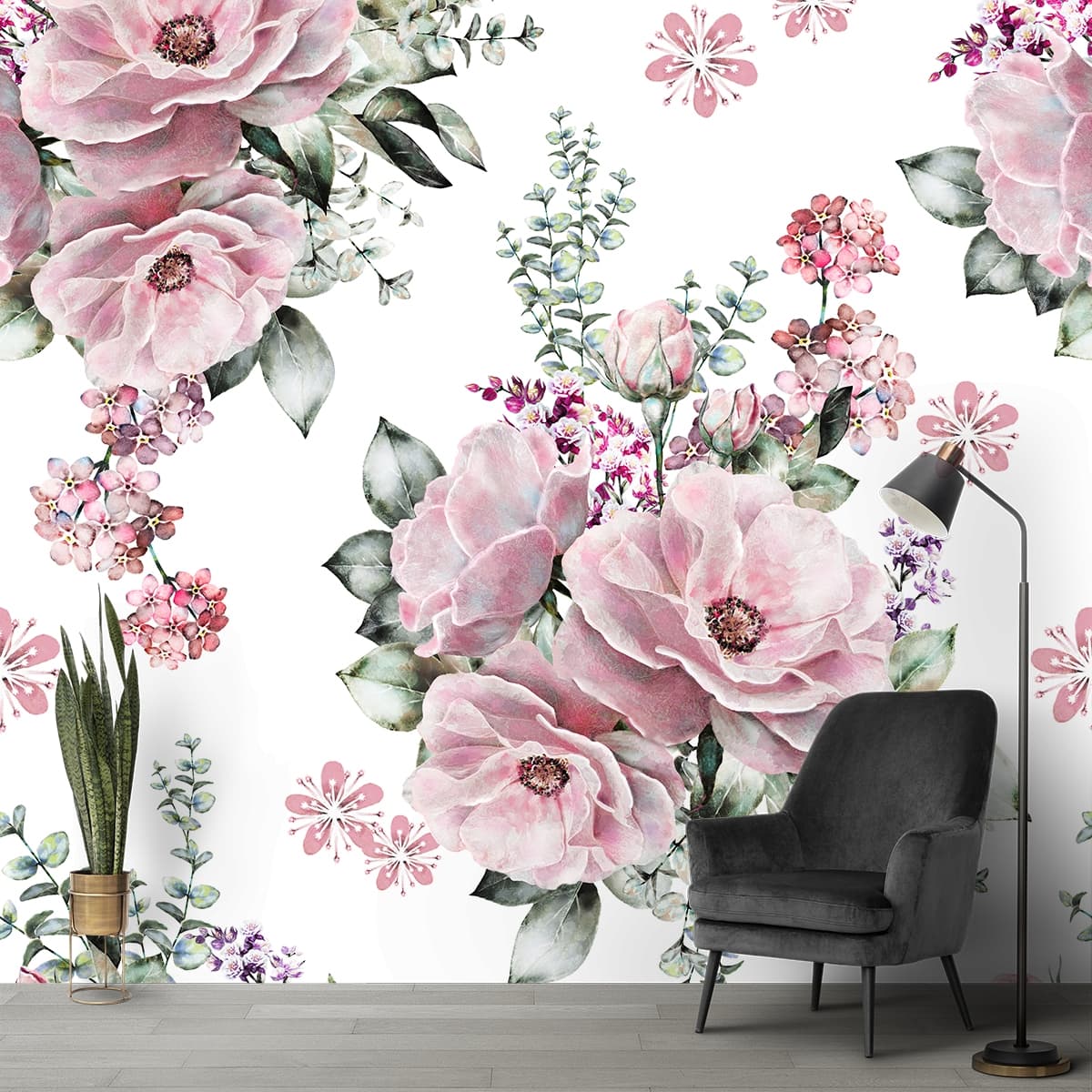 Fresh Spring Rose Garden White Background Wallpaper shown in a room