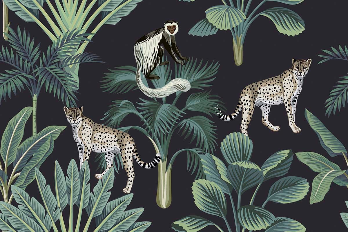 Tropical Wallpaper for Walls, Tropical plants and animals pattern detail