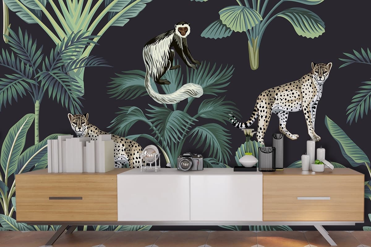 Tropical Wallpaper for Walls, Tropical plants and animals shown in a room