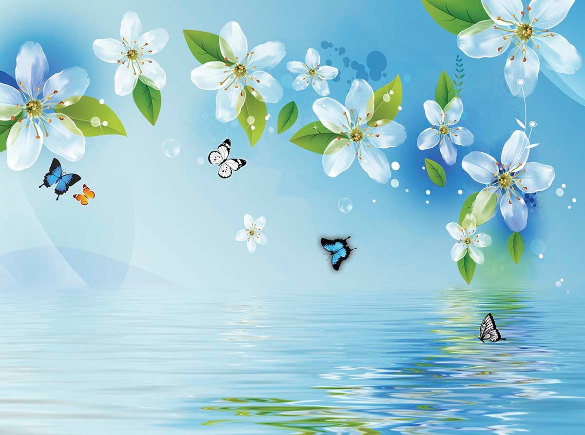 Airy sky scene with flowers and butterflies in motion wallpaper pattern detail