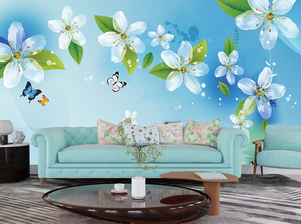 Airy sky scene with flowers and butterflies in motion wallpaper shown in a room