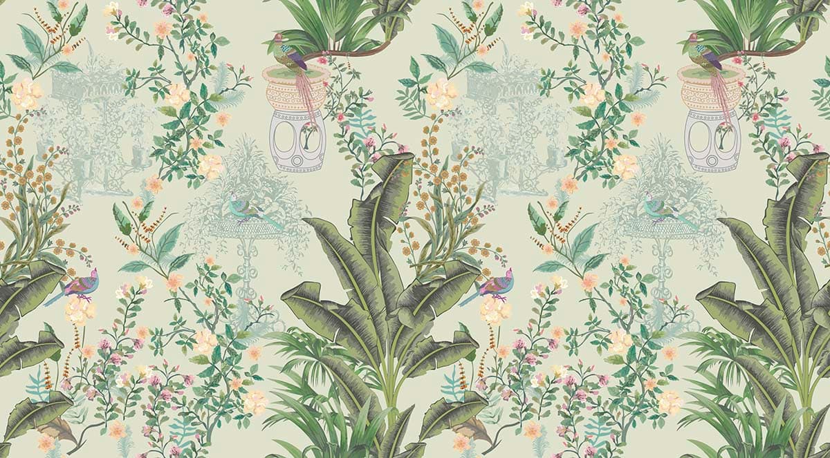 Plants and Birds Nature Inspired Botanical Art Wallpaper pattern detail
