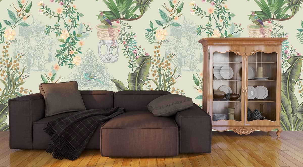 Plants and Birds Nature Inspired Botanical Art Wallpaper shown in a room