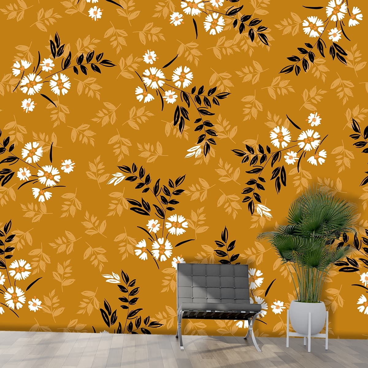A pattern of white flowers and black leaves shown in a room