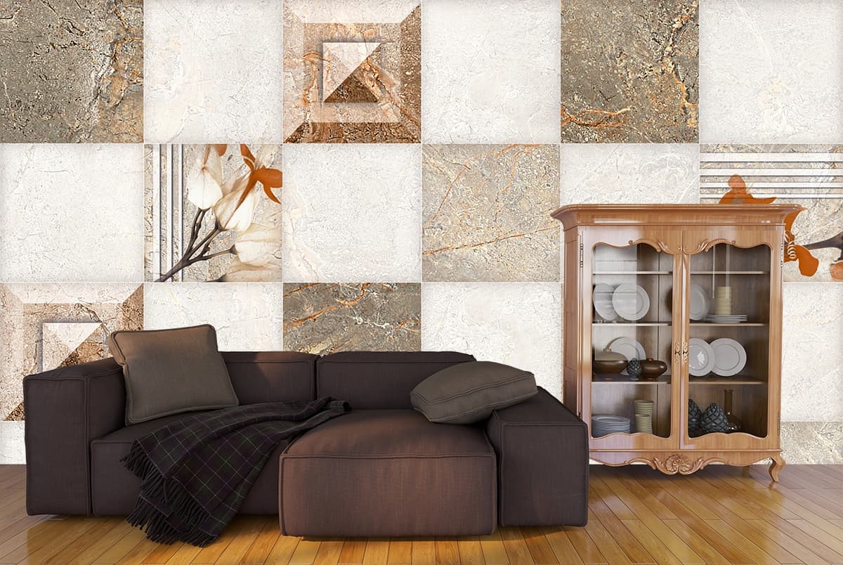 Geometric Floral Tile Pattern Modern Wallpaper shown in a room