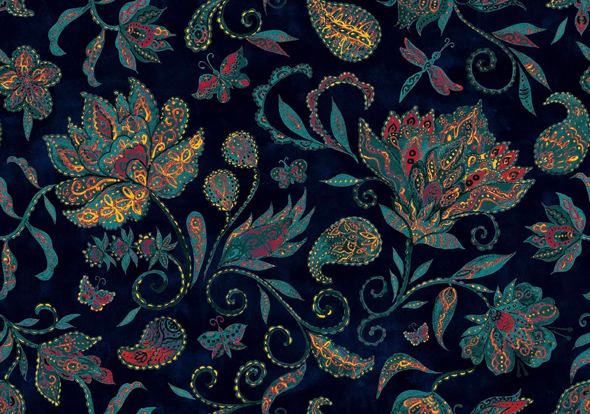 A colorful floral pattern on a dark background pattern detail