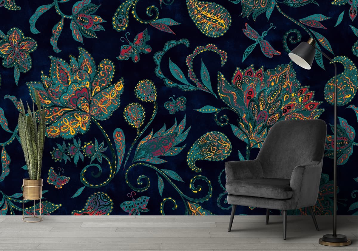 A colorful floral pattern on a dark background shown in a room