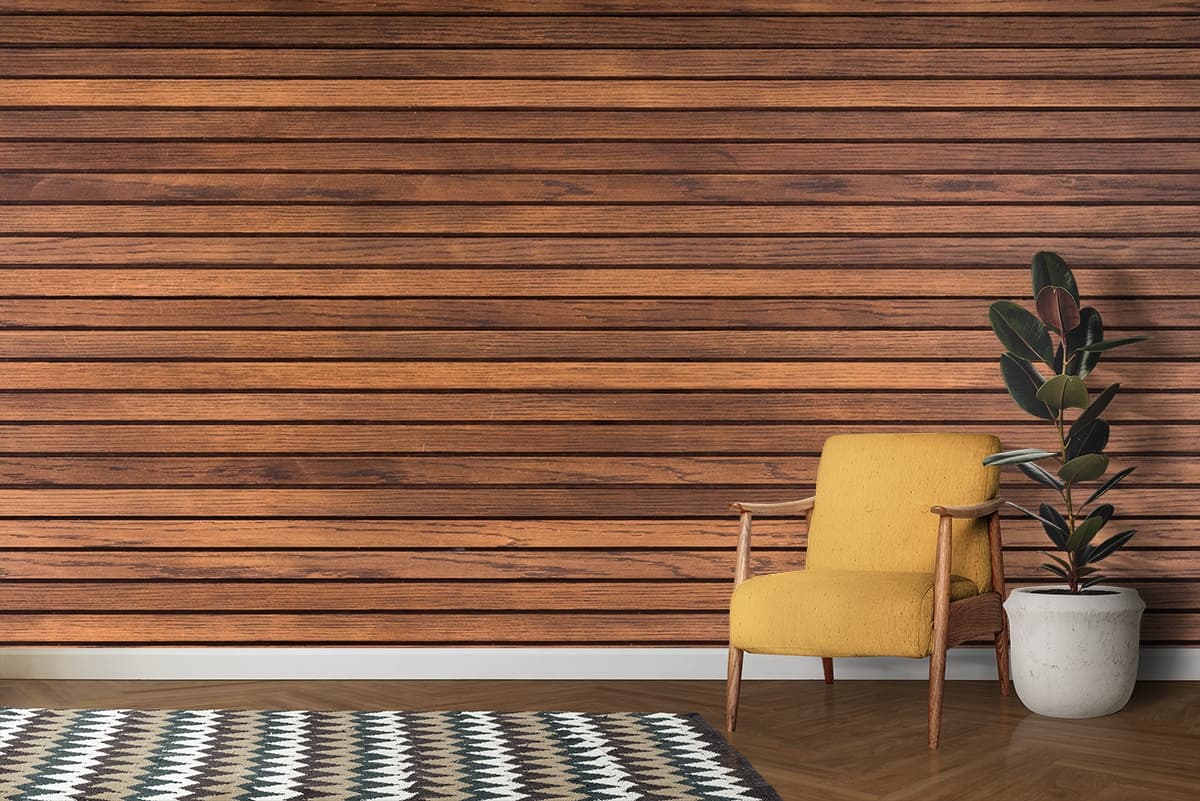 Teak Wood Planks Wallpaper shown in a room