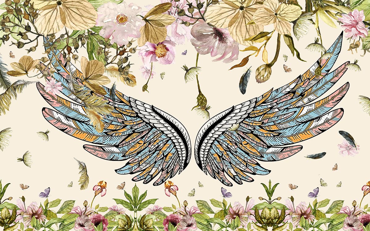 Angel Wings with Flowers Artistic wallpaper pattern detail