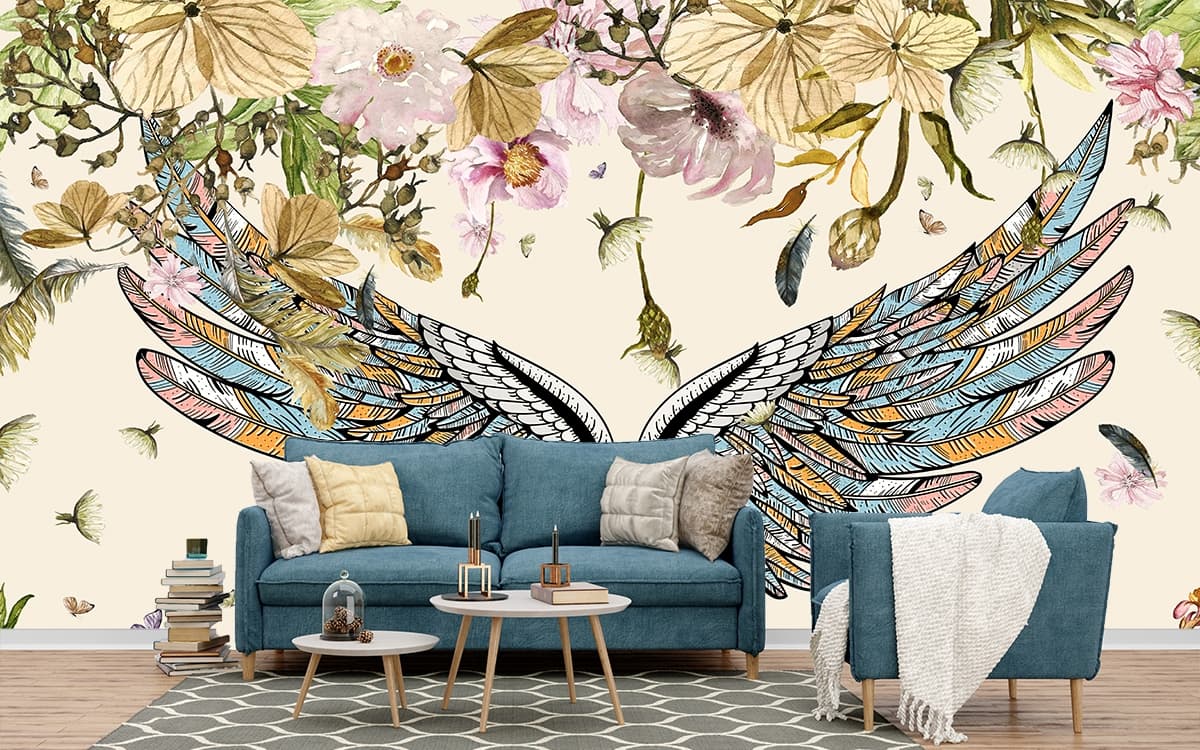 Angel Wings with Flowers Artistic wallpaper shown in a room