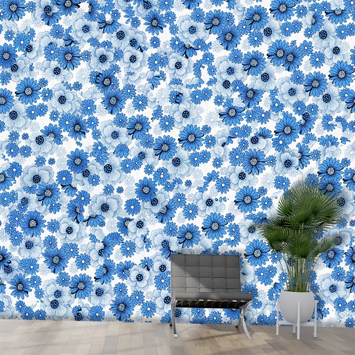 Elegant Blue Floral Pattern Wallpaper for Walls shown in a room