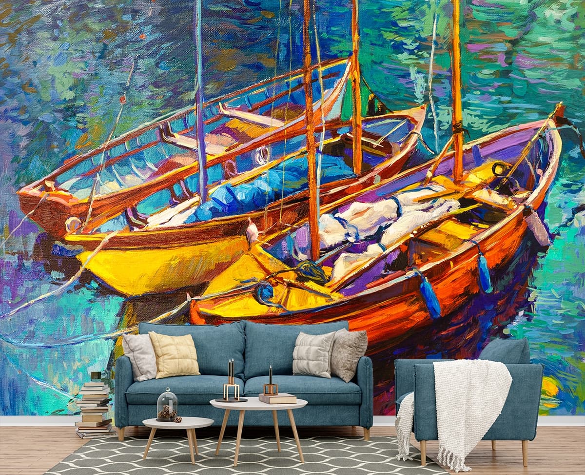 Calm Boats on Water Minimal Seascape Art Wallpaper shown in a room