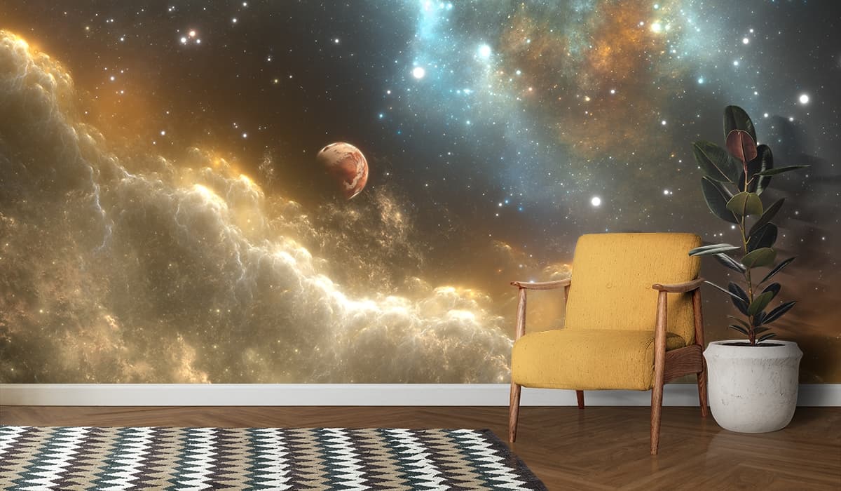 Cosmic Planet with Stars and Cloudscape Space Wallpaper shown in a room