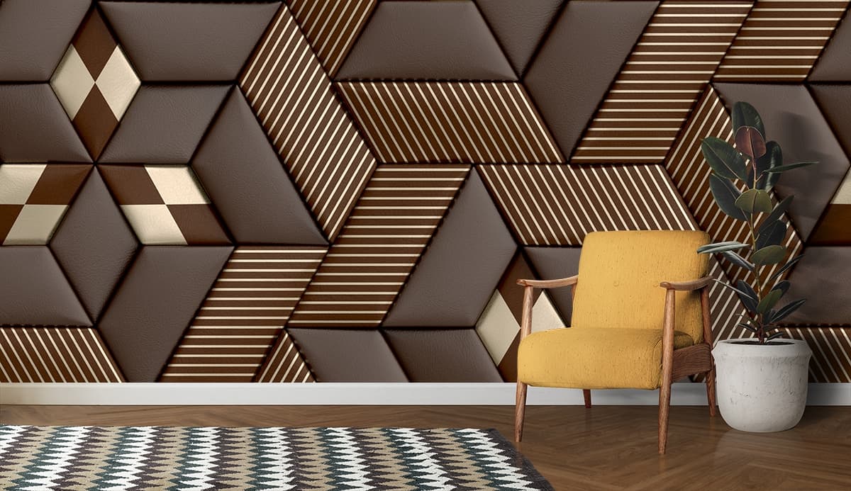 Modern Brown 3D Hexagon Stripe Design Wall Wallpaper shown in a room