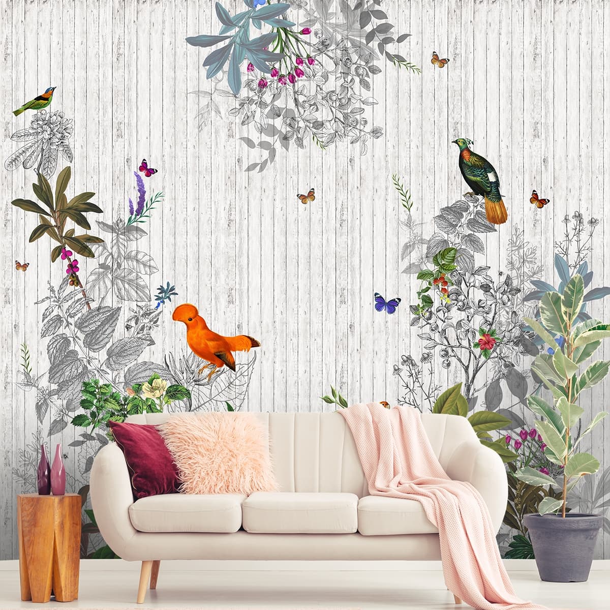 Elegant Bird and Floral Pattern Modern Style Wallpaper shown in a room
