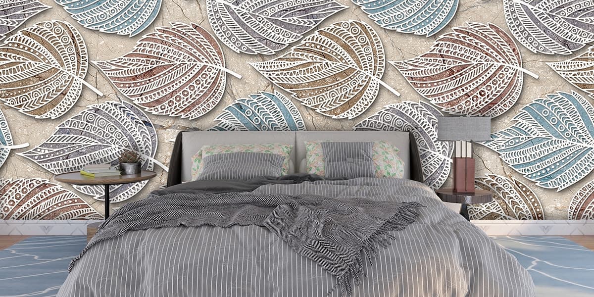 Marble Surface Leaf Pattern Luxury Wallpaper shown in a room