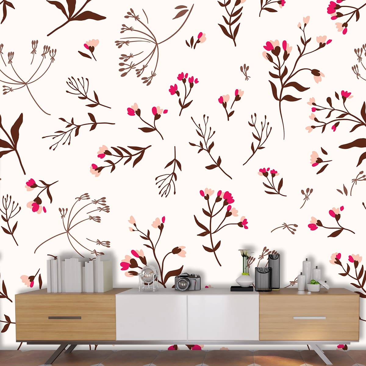 A Blushing Floral Design Wallpaper Mural shown in a room