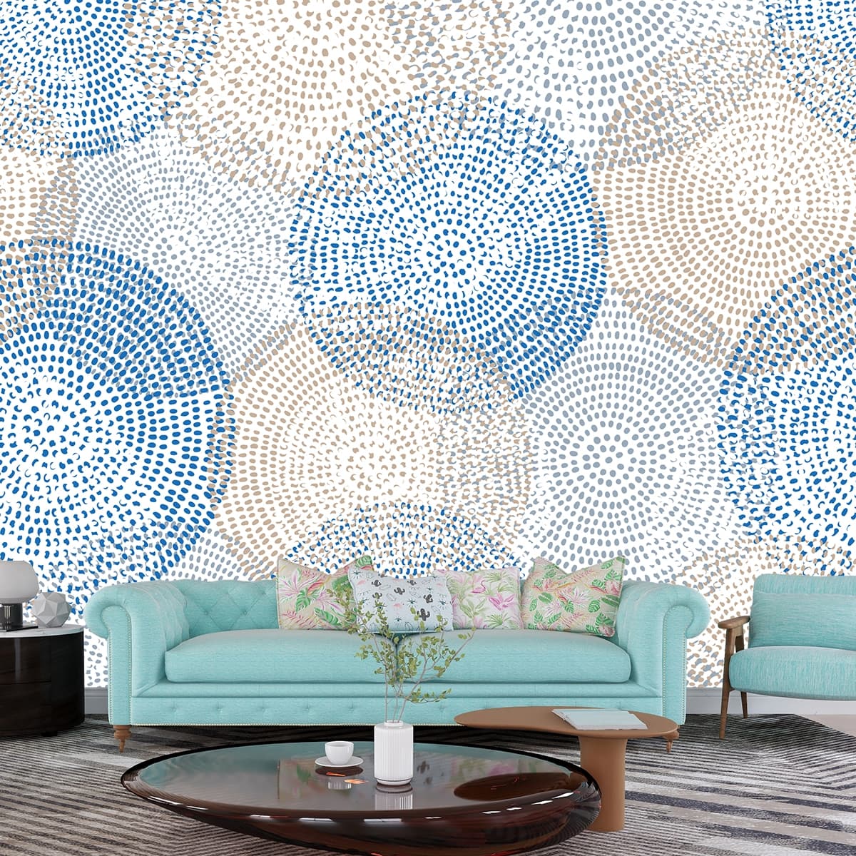 Trendy Blue White Circles Design Wallpaper shown in a room
