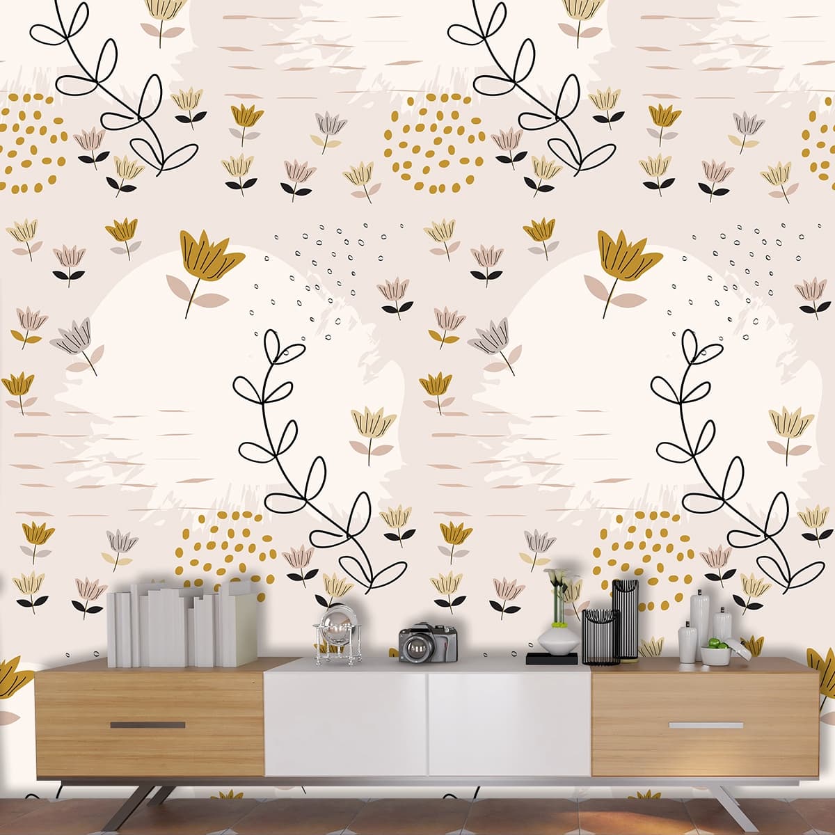 Soft Nature-Inspired Floral Pattern Wallpaper shown in a room