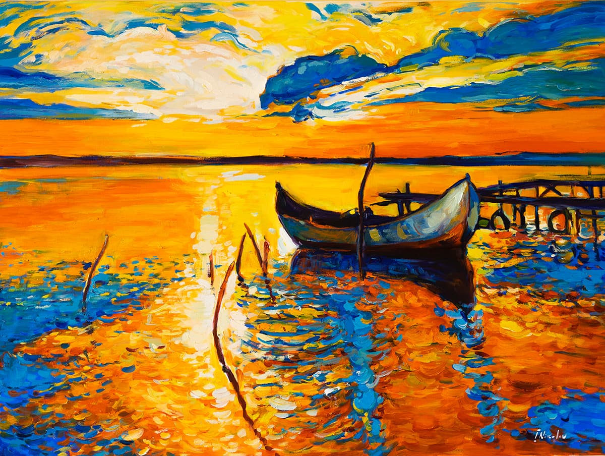 Artistic Boat on Water Landscape Wall Mural Wallpaper pattern detail