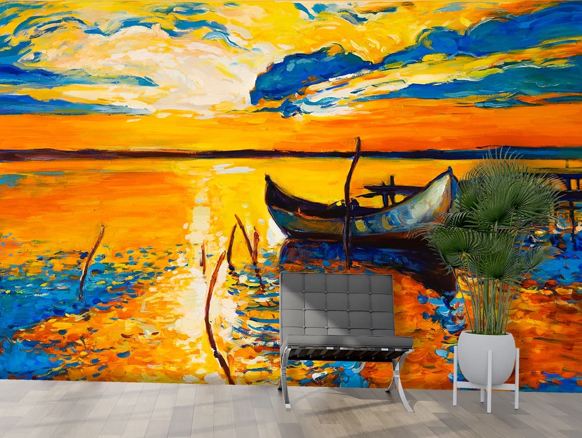 Artistic Boat on Water Landscape Wall Mural Wallpaper shown in a room