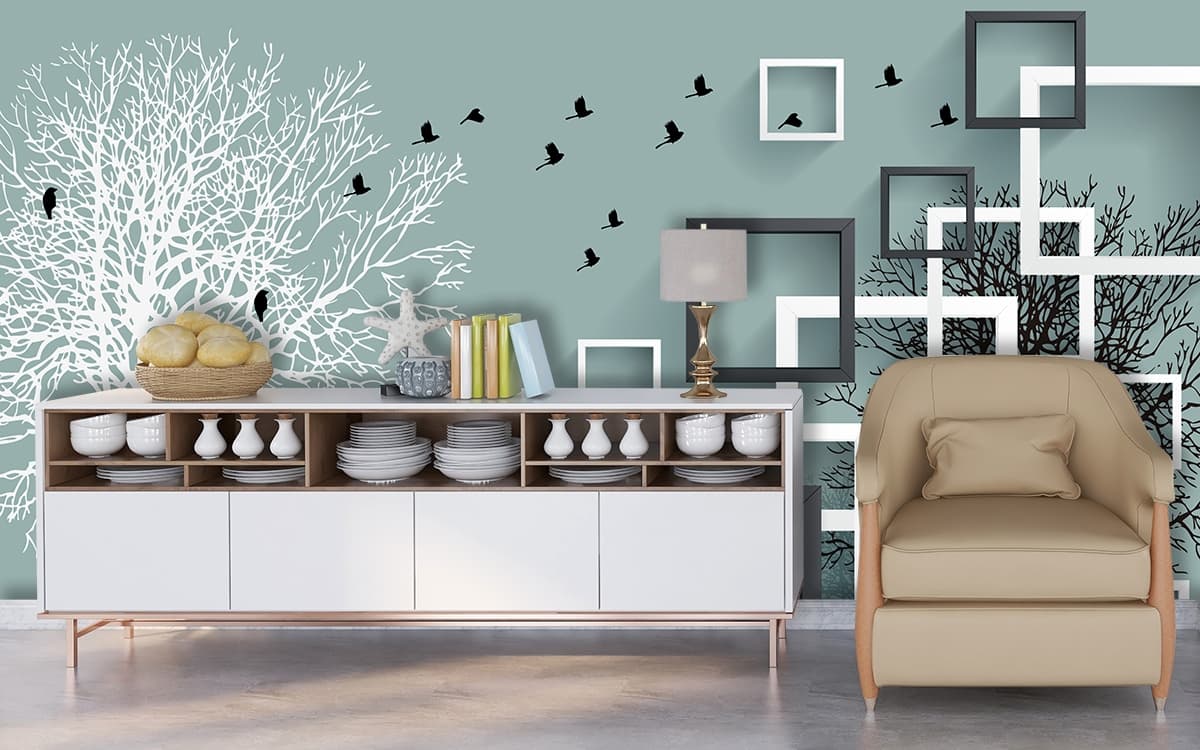 Birds Flying Over Trees Nature Wall Mural Wallpaper shown in a room