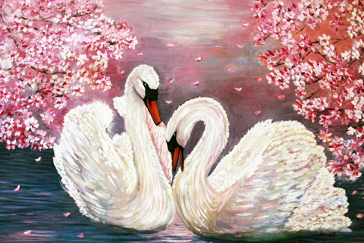 Nature Water Scene with Swans and Blossoms Wallpaper pattern detail