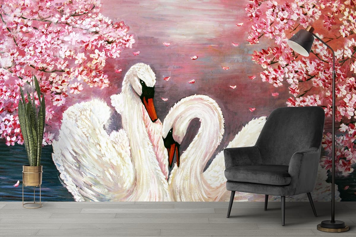 Nature Water Scene with Swans and Blossoms Wallpaper shown in a room