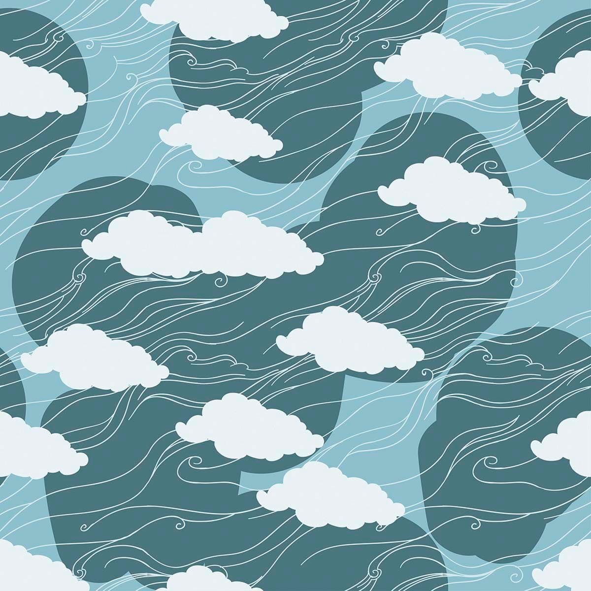Elegant Soft Toned Cloud and Wave Mural Wallpaper pattern detail