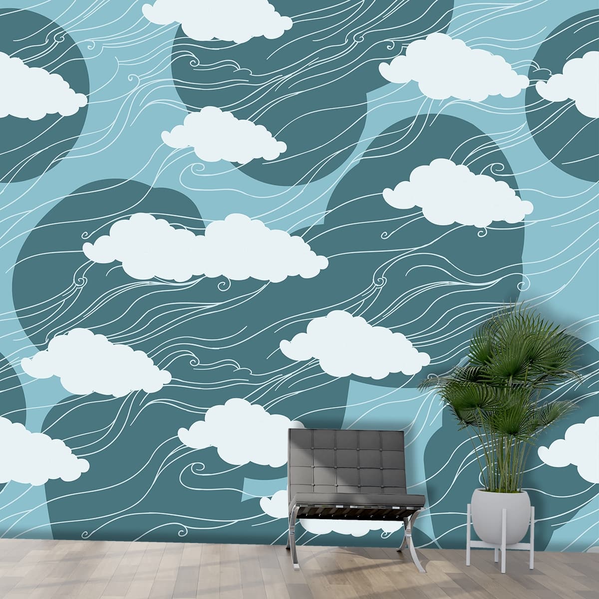 Elegant Soft Toned Cloud and Wave Mural Wallpaper shown in a room