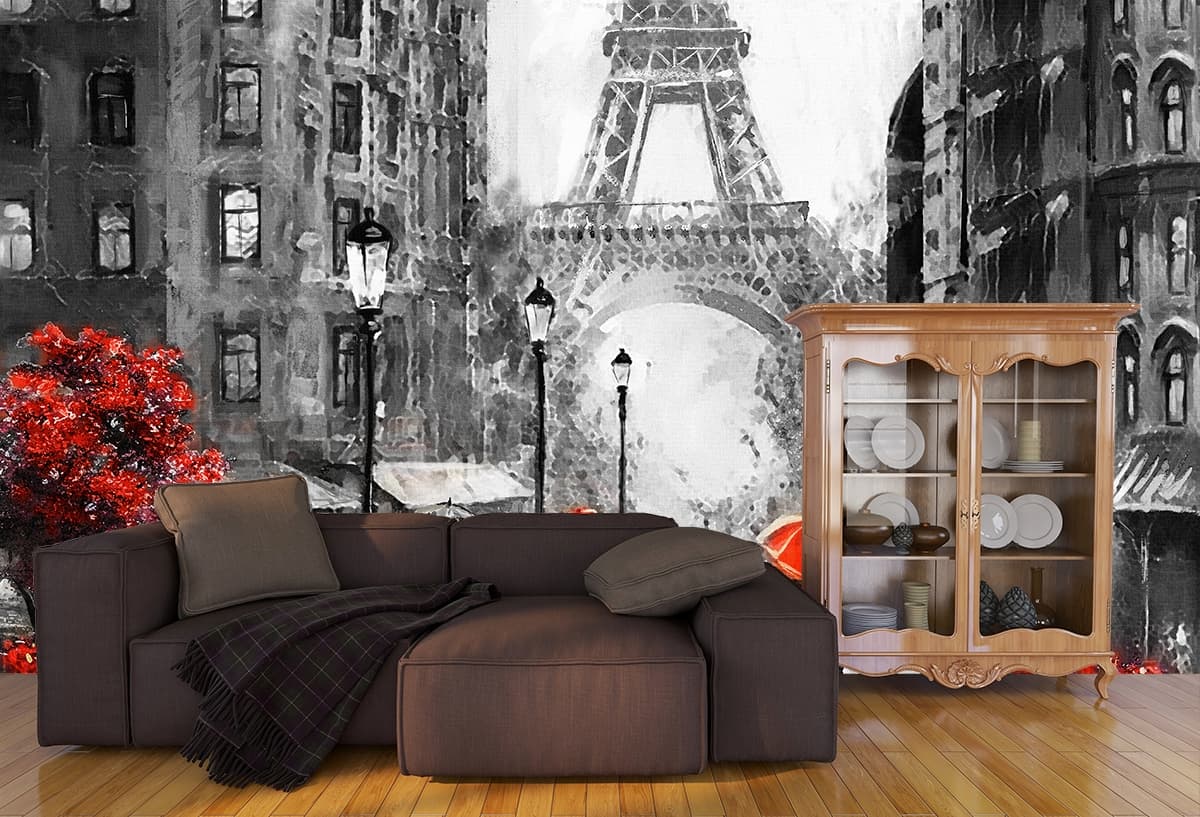 Luxury Floral Art on Grey Wall Mural Wallpaper shown in a room