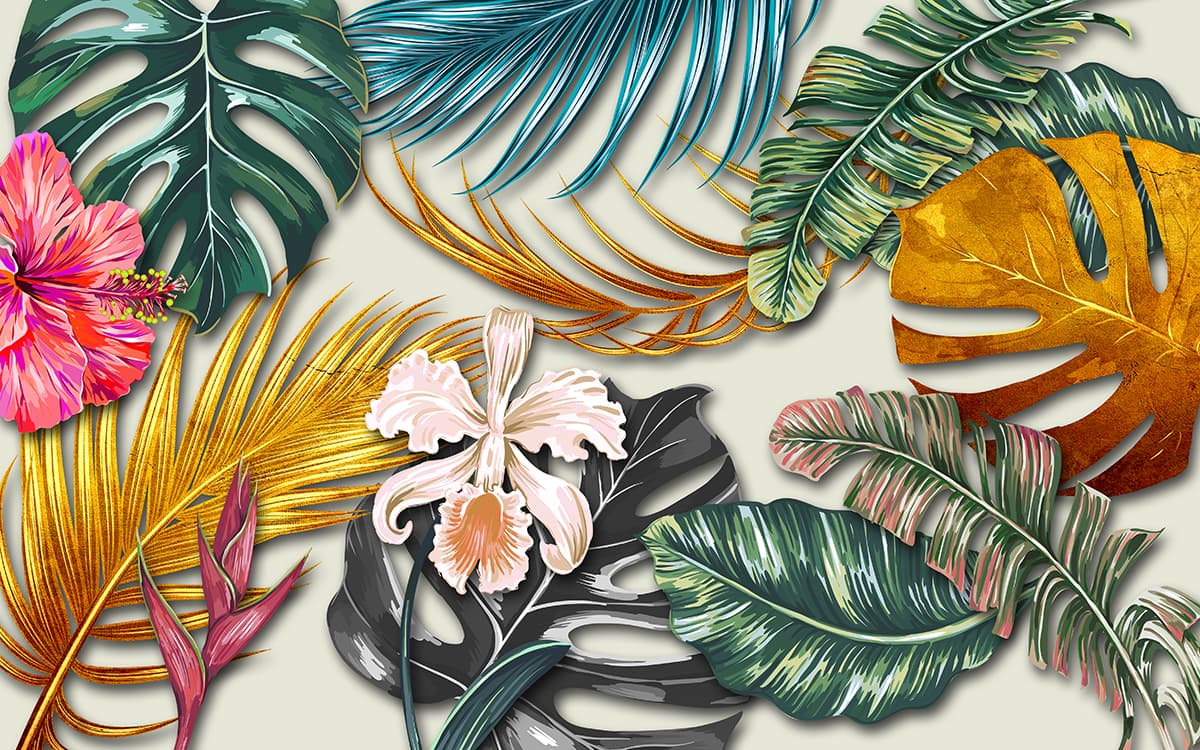 Wallpaper Featuring a Bunch of Colorful Leaves and Flowers pattern detail