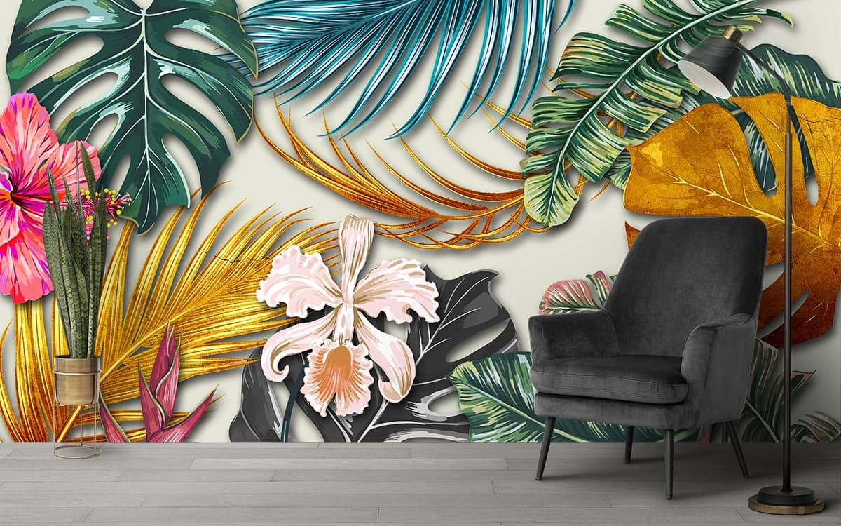 Wallpaper Featuring a Bunch of Colorful Leaves and Flowers shown in a room