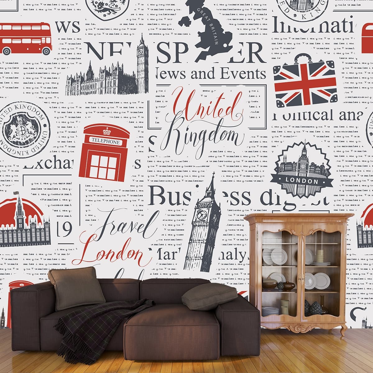 Newspaper Print Pattern Vintage Style Wallpaper shown in a room