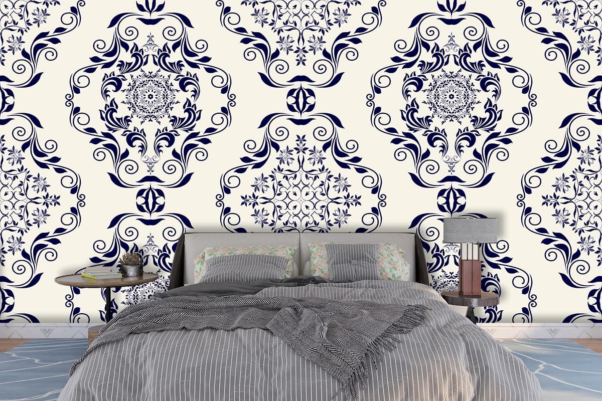 A pattern of blue and white swirls shown in a room