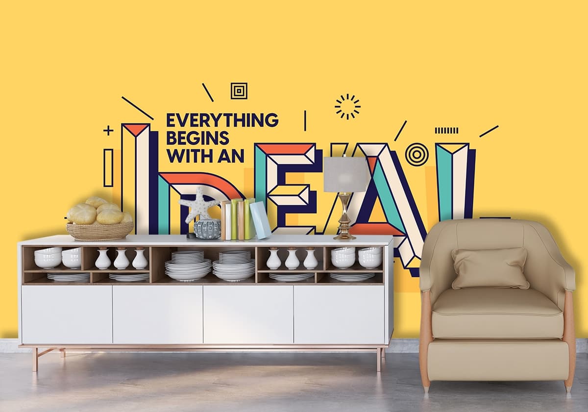 Colorful Abstract Text with Creative Shapes Wall Wallpaper shown in a room