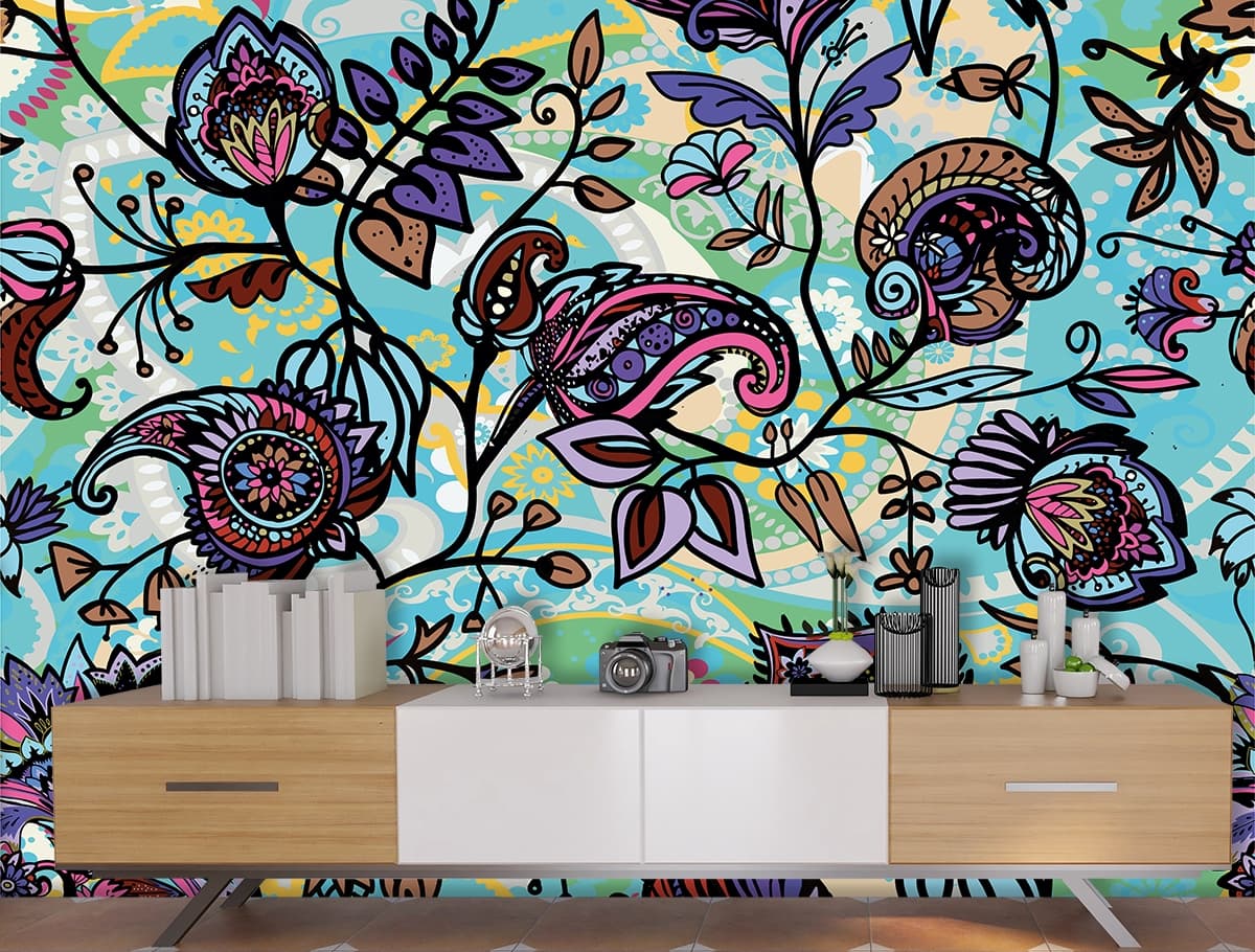 Colorful Paisley and Floral Pattern Decorative Wallpaper shown in a room