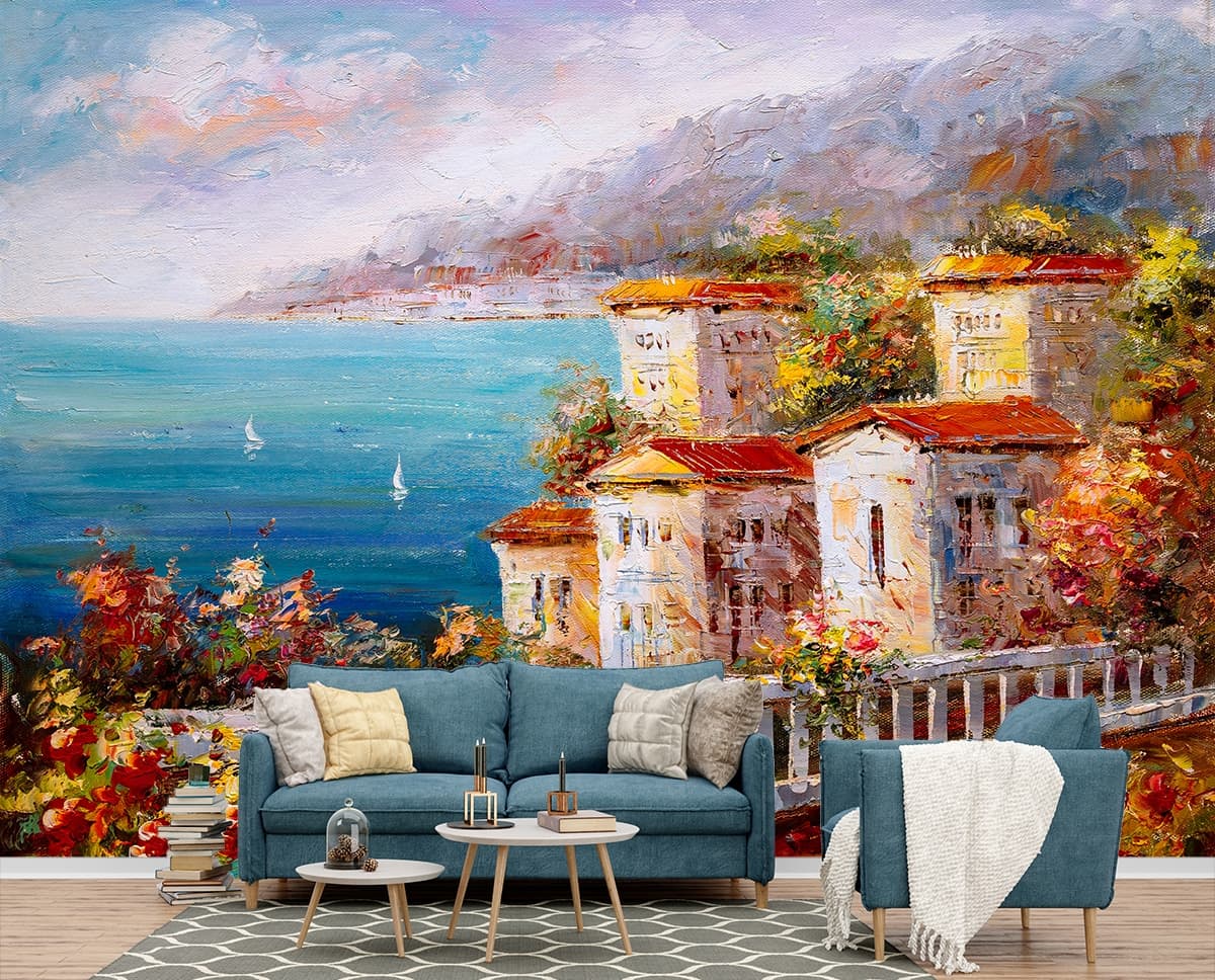 Nature Landscape with Fence and Flowers Wallpaper shown in a room